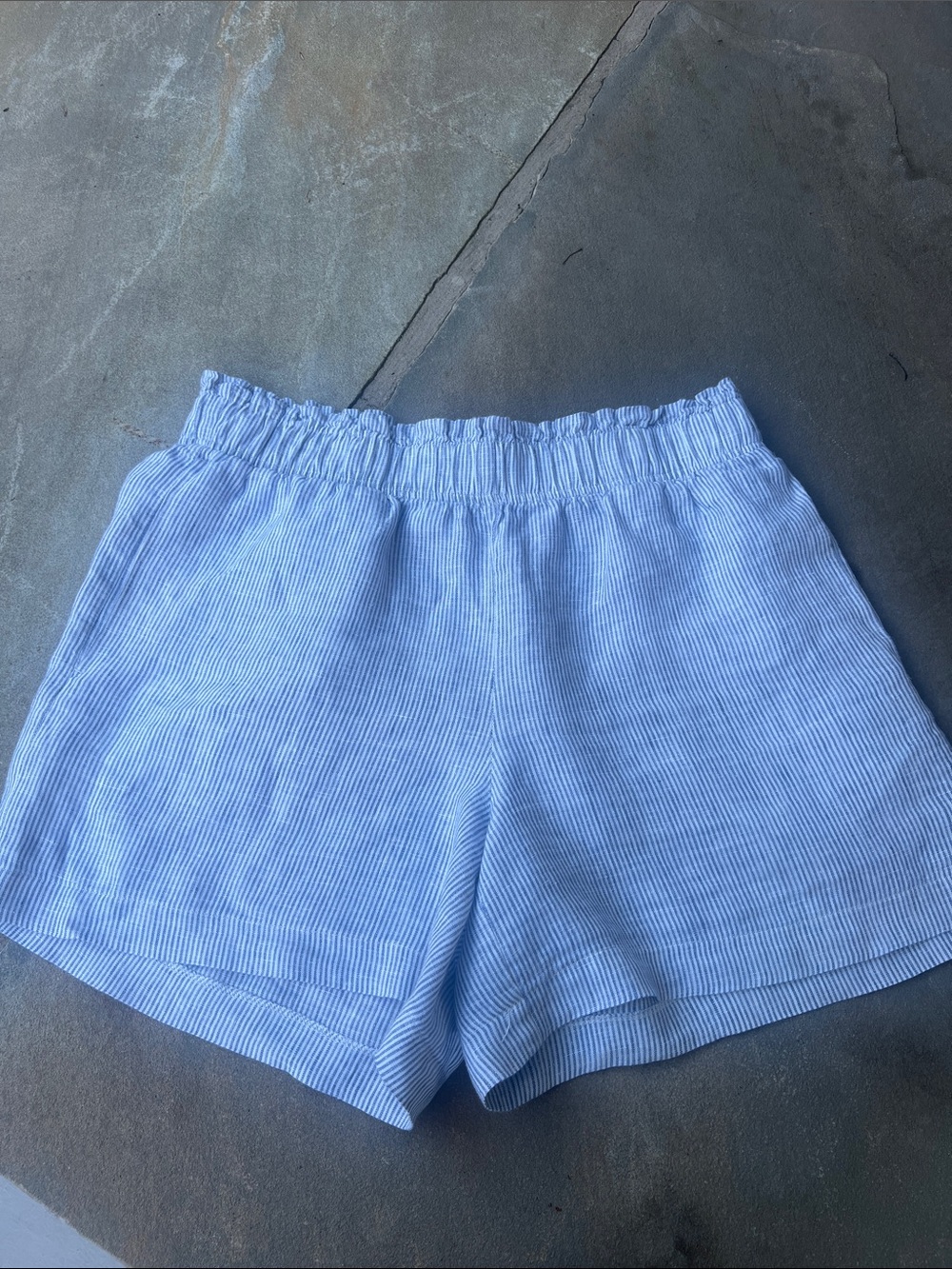 Quince Blue Stripe Womens Elastic Waist Linen Shorts L